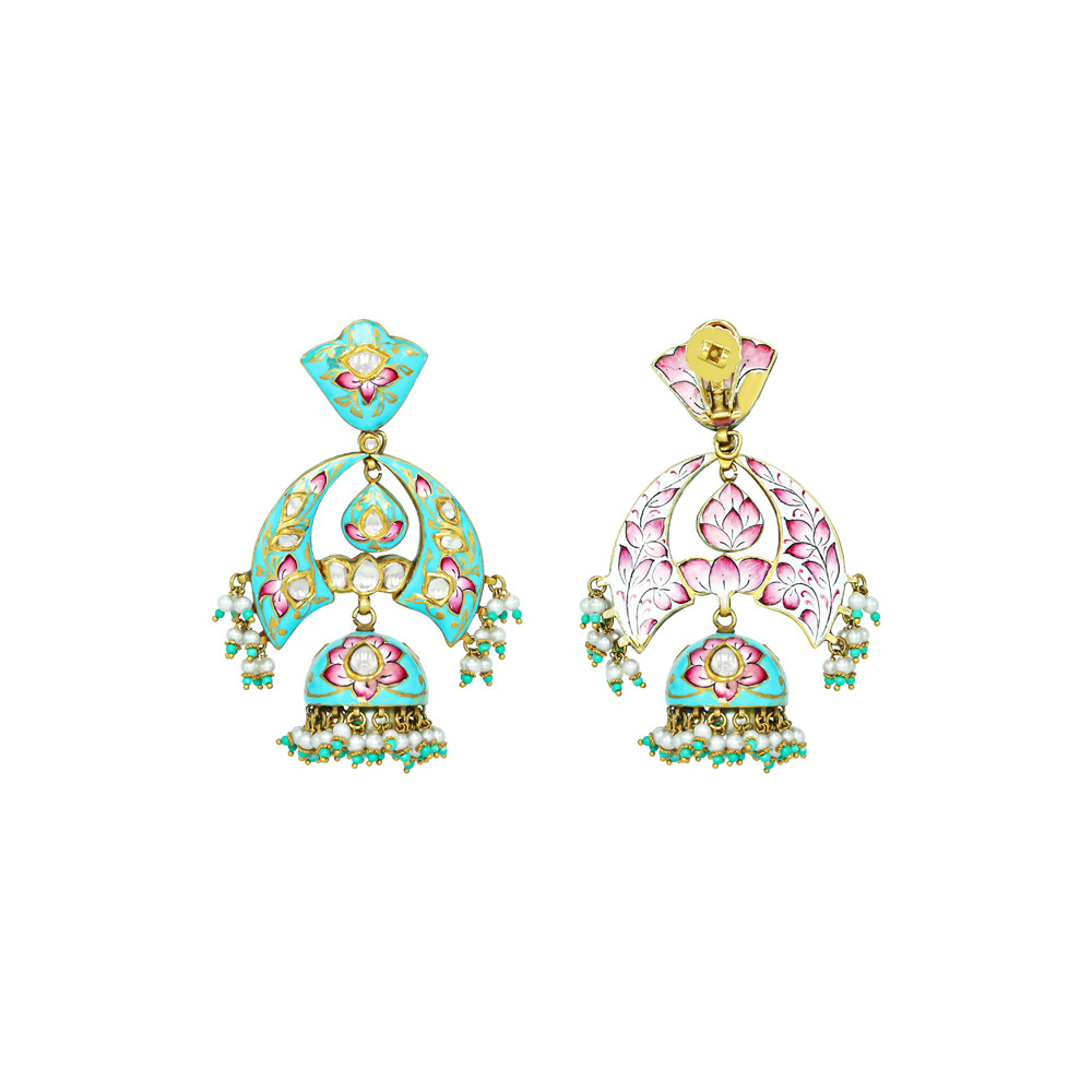 Pastel Enamel Jhumkas with Pearl and Turquoise Danglings